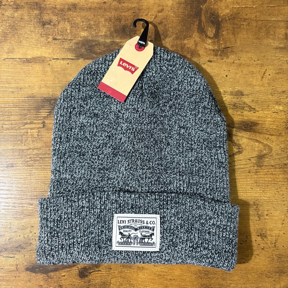 LEVI'S Men's Ribbed Logo Beanie In Marl Grey NEW